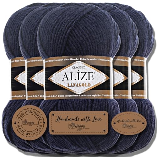 Hobby YARN 3x Etikettenlabel mit Alize Lanagold Wolle Premium 5x100g als Set | Yarn | Garn | Strickgarn Einfarbig Baby zum Häkeln Stricken Kleidung Schals (Midnight Blue I 58) von Hobby YARN