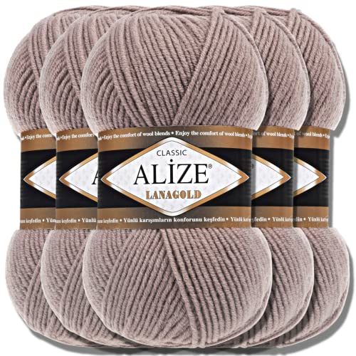 Alize 5 x 100g Lanagold Türkische Premium Wolle Baumwolle und Acryl Handstrickgarne | Yarn | Garn | Strickgarn Accessoire Baby zum Häkeln Stricken Kleidung Schals (Milky Brown | 584) von Hobby YARN