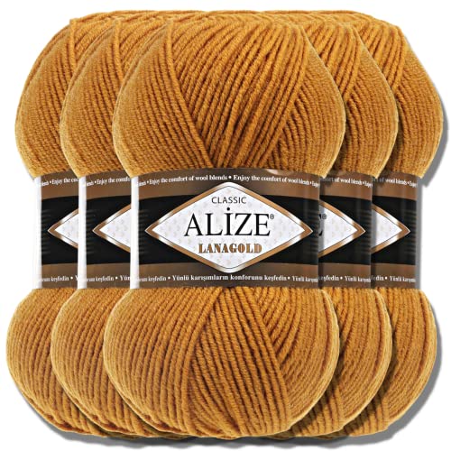 Alize 5 x 100g Lanagold Türkische Premium Wolle Baumwolle und Acryl Handstrickgarne | Yarn | Garn | Strickgarn Accessoire Baby zum Häkeln Stricken Kleidung Schals (Mustard | 645) von Hobby YARN