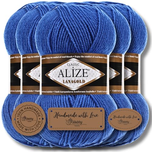 Alize 5 x 100g Lanagold Türkische Premium Wolle Baumwolle und Acryl Handstrickgarne | Yarn | Garn | Strickgarn Accessoire Baby zum Häkeln Stricken Kleidung Schals (Royal Blue | 141) von Hobby YARN
