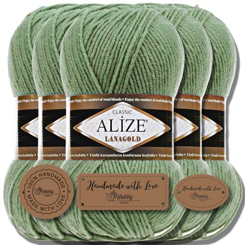 Alize 5 x 100g Lanagold Türkische Premium Wolle Baumwolle und Acryl Handstrickgarne | Yarn | Garn | Strickgarn Accessoire Baby zum Häkeln Stricken Kleidung Schals (Silver Pine | 180) von Hobby YARN