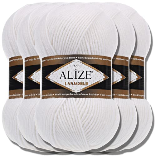 Alize 5 x 100g Lanagold Türkische Premium Wolle Baumwolle und Acryl Handstrickgarne | Yarn | Garn | Strickgarn Accessoire Baby zum Häkeln Stricken Kleidung Schals (White | 55) von Hobby YARN