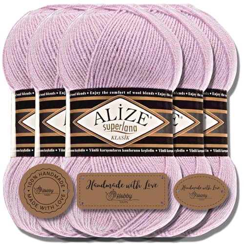 Hobby YARN Alize Superlana Klasik 5 x 100 g Türkische Premium Wolle Baumwolle und Acryl Uni Handstrickgarne Yarn Garn Strickgarn Baby zum Stricken Strickgarn (Dusty Lilac | 505) von Hobby YARN