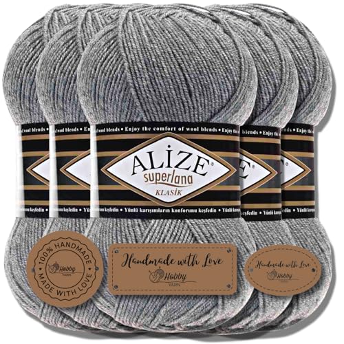 Hobby YARN Alize Superlana Klasik 5 x 100 g Türkische Premium Wolle Baumwolle und Acryl Uni Handstrickgarne Yarn Garn Strickgarn Baby zum Stricken Strickgarn (Grey Melange | 21) von Hobby YARN