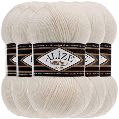 Hobby YARN Alize Superlana Klasik 5 x 100 g Türkische Premium Wolle Baumwolle und Acryl Uni Handstrickgarne Yarn Garn Strickgarn Baby zum Stricken Strickgarn (Light Cream | 62) von Hobby YARN