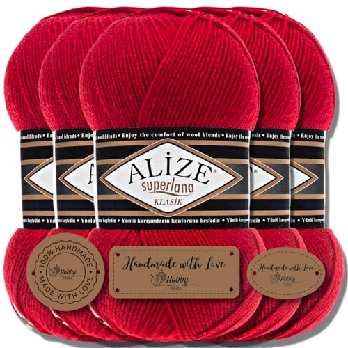 Hobby YARN Alize Superlana Klasik 5 x 100 g Türkische Premium Wolle Baumwolle und Acryl Uni Handstrickgarne Yarn Garn Strickgarn Baby zum Stricken Strickgarn (Red | 56) von Hobby YARN
