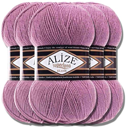 Hobby YARN Alize Superlana Klasik 5 x 100 g Türkische Premium Wolle Baumwolle und Acryl Uni Handstrickgarne Yarn Garn Strickgarn Baby zum Stricken Strickgarn (Rose | 28) von Hobby YARN