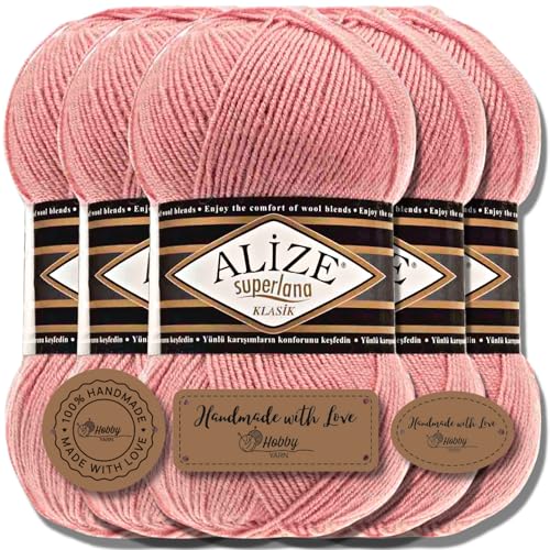 Hobby YARN Alize Superlana Klasik 5 x 100 g Türkische Premium Wolle Baumwolle und Acryl Uni Handstrickgarne Yarn Garn Strickgarn Baby zum Stricken Strickgarn (Salmon Pink | 144) von Hobby YARN