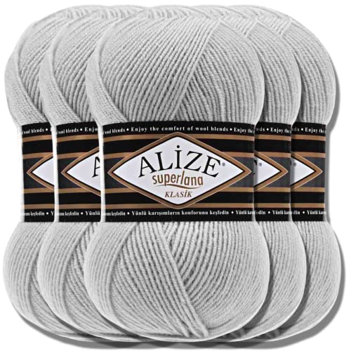 Hobby YARN Alize Superlana Klasik 5 x 100 g Türkische Premium Wolle Baumwolle und Acryl Uni Handstrickgarne Yarn Garn Strickgarn Baby zum Stricken Strickgarn (Sea Shell | 168) von Hobby YARN