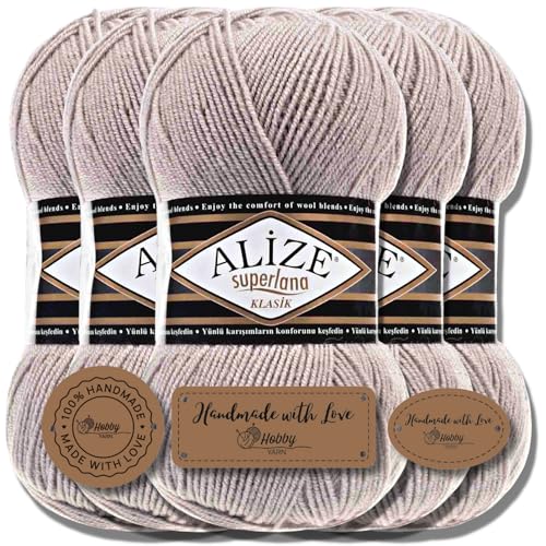 Hobby YARN Alize Superlana Klasik 5 x 100 g Türkische Premium Wolle Baumwolle und Acryl Uni Handstrickgarne Yarn Garn Strickgarn Baby zum Stricken Strickgarn (Smoky | 652) von Hobby YARN
