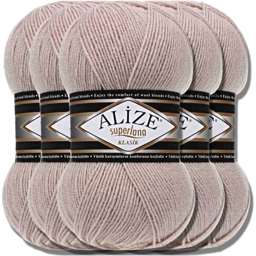 Hobby YARN Alize Superlana Klasik 5 x 100 g Türkische Premium Wolle Baumwolle und Acryl Uni Handstrickgarne Yarn Garn Strickgarn Baby zum Stricken Strickgarn (Stone | 506) von Hobby YARN