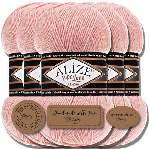 Hobby YARN Alize Superlana Klasik 5 x 100 g Türkische Premium Wolle Baumwolle und Acryl Uni Handstrickgarne Yarn Garn Strickgarn Baby zum Stricken Strickgarn (Wedding Pink | 363) von Hobby YARN