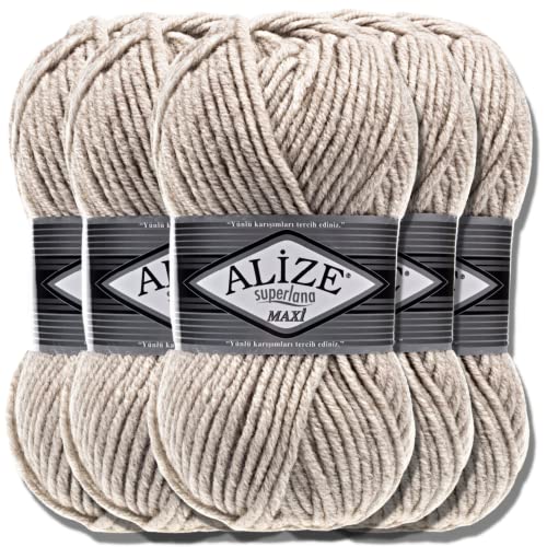 Alize 5 x 100g Superlana Maxi Türkische Premium Wolle Baumwolle und Acryl Uni Handstrickgarne | Yarn | Garn | Strickgarn Einfarbig Baby zum Häkeln Stricken Kleidung Schals (Beige Melange | 152) von Hobby YARN