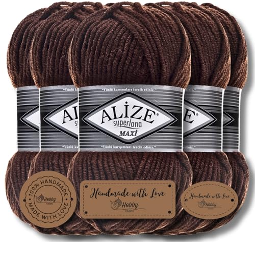Alize 5 x 100g Superlana Maxi Türkische Premium Wolle Baumwolle und Acryl Uni Handstrickgarne | Yarn | Garn | Strickgarn Einfarbig Baby zum Häkeln Stricken Kleidung Schals (Brown | 26) von Hobby YARN
