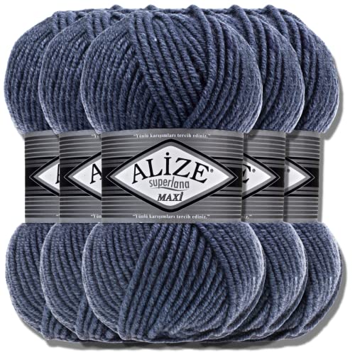 Alize 5 x 100g Superlana Maxi Türkische Premium Wolle Baumwolle und Acryl Uni Handstrickgarne | Yarn | Garn | Strickgarn Einfarbig Baby zum Häkeln Stricken Kleidung Schals (Denim Melange | 203) von Hobby YARN