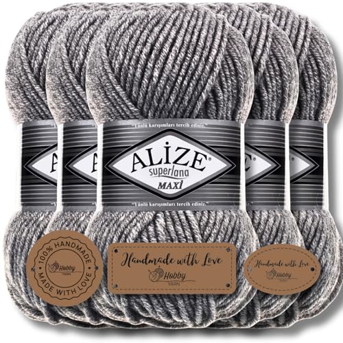 Alize 5 x 100g Superlana Maxi Türkische Premium Wolle Baumwolle und Acryl Uni Handstrickgarne | Yarn | Garn | Strickgarn Einfarbig Baby zum Häkeln Stricken Kleidung Schals (Grey Melange | 21) von Hobby YARN