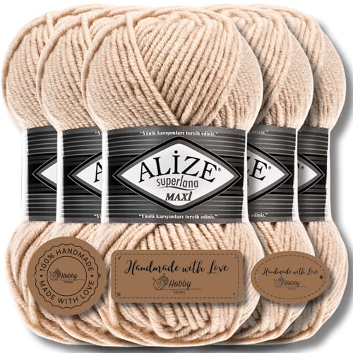 Alize 5 x 100g Superlana Maxi Türkische Premium Wolle Baumwolle und Acryl Uni Handstrickgarne | Yarn | Garn | Strickgarn Einfarbig Baby zum Häkeln Stricken Kleidung Schals (Honey | 310) von Hobby YARN