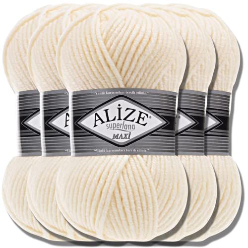 Alize 5 x 100g Superlana Maxi Türkische Premium Wolle Baumwolle und Acryl Uni Handstrickgarne | Yarn | Garn | Strickgarn Einfarbig Baby zum Häkeln Stricken Kleidung Schals (Ivory | 599) von Hobby YARN