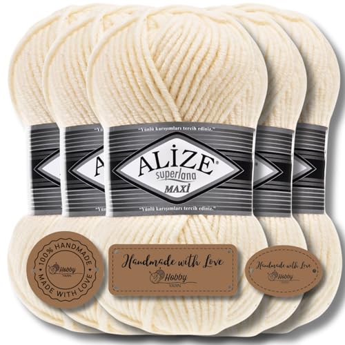 Alize 5 x 100g Superlana Maxi Türkische Premium Wolle Baumwolle und Acryl Uni Handstrickgarne | Yarn | Garn | Strickgarn Einfarbig Baby zum Häkeln Stricken Kleidung Schals (Ivory | 599) von Hobby YARN