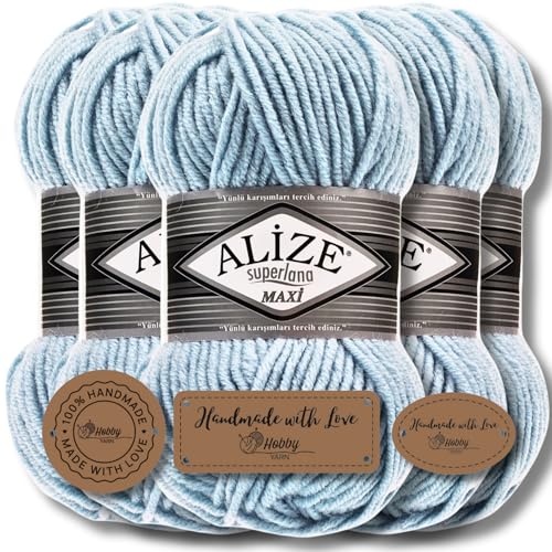 Alize 5 x 100g Superlana Maxi Türkische Premium Wolle Baumwolle und Acryl Uni Handstrickgarne | Yarn | Garn | Strickgarn Einfarbig Baby zum Häkeln Stricken Kleidung Schals (Light Blue | 480) von Hobby YARN
