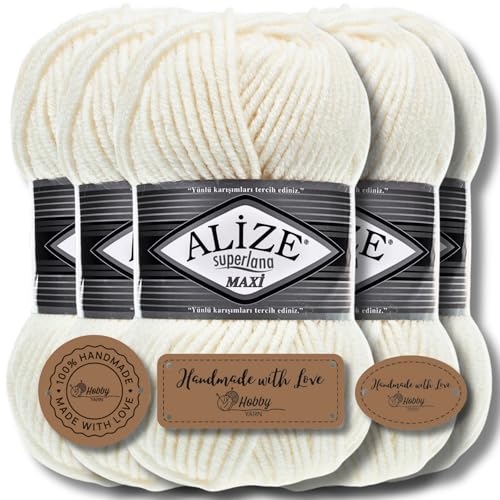 Alize 5 x 100g Superlana Maxi Türkische Premium Wolle Baumwolle und Acryl Uni Handstrickgarne | Yarn | Garn | Strickgarn Einfarbig Baby zum Häkeln Stricken Kleidung Schals (Light Cream | 62) von Hobby YARN