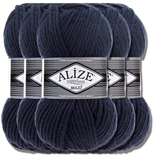 Alize 5 x 100g Superlana Maxi Türkische Premium Wolle Baumwolle und Acryl Uni Handstrickgarne | Yarn | Garn | Strickgarn Einfarbig Baby zum Häkeln Stricken Kleidung Schals (Navy | 58) von Hobby YARN