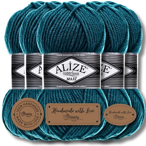 Alize 5 x 100g Superlana Maxi Türkische Premium Wolle Baumwolle und Acryl Uni Handstrickgarne | Yarn | Garn | Strickgarn Einfarbig Baby zum Häkeln Stricken Kleidung Schals (Petrol | 212) von Hobby YARN