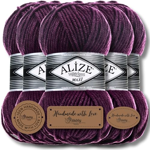 Alize 5 x 100g Superlana Maxi Türkische Premium Wolle Baumwolle und Acryl Uni Handstrickgarne | Yarn | Garn | Strickgarn Einfarbig Baby zum Häkeln Stricken Kleidung Schals (Plum | 111) von Hobby YARN