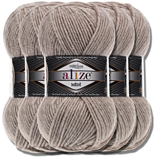 Alize 5 x 100g Superlana Midi Türkische Premium Wolle Baumwolle und Acryl Uni Handstrickgarne | Yarn | Garn | Strickgarn Einfarbig Baby zum Häkeln Stricken Kleidung Schals (Beige Melange | 152) von Hobby YARN
