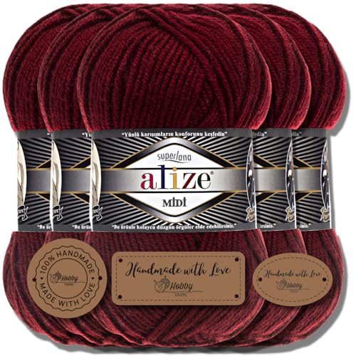 Alize 5 x 100g Superlana Midi Türkische Premium Wolle Baumwolle und Acryl Uni Handstrickgarne | Yarn | Garn | Strickgarn Einfarbig Baby zum Häkeln Stricken Kleidung Schals (Bordeaux | 57) von Hobby YARN