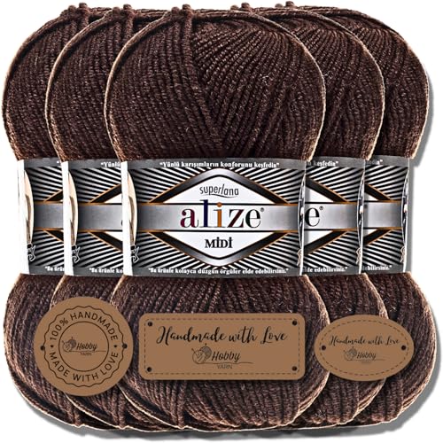 Alize 5 x 100g Superlana Midi Türkische Premium Wolle Baumwolle und Acryl Uni Handstrickgarne | Yarn | Garn | Strickgarn Einfarbig Baby zum Häkeln Stricken Kleidung Schals (Brown | 26) von Hobby YARN