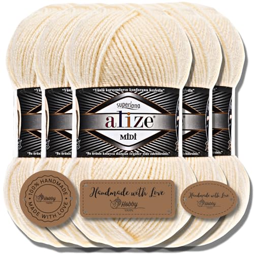 Alize 5 x 100g Superlana Midi Türkische Premium Wolle Baumwolle und Acryl Uni Handstrickgarne | Yarn | Garn | Strickgarn Einfarbig Baby zum Häkeln Stricken Kleidung Schals (Cream | 1) von Hobby YARN