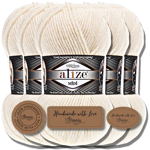 Alize 5 x 100g Superlana Midi Türkische Premium Wolle Baumwolle und Acryl Uni Handstrickgarne | Yarn | Garn | Strickgarn Einfarbig Baby zum Häkeln Stricken Kleidung Schals (Cream | 62) von Hobby YARN