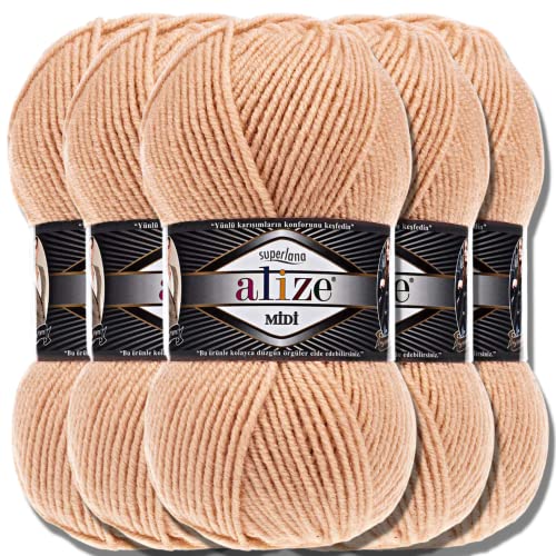 Alize 5 x 100g Superlana Midi Türkische Premium Wolle Baumwolle und Acryl Uni Handstrickgarne | Yarn | Garn | Strickgarn Einfarbig Baby zum Häkeln Stricken Kleidung Schals (Cream Caramel | 502) von Hobby YARN