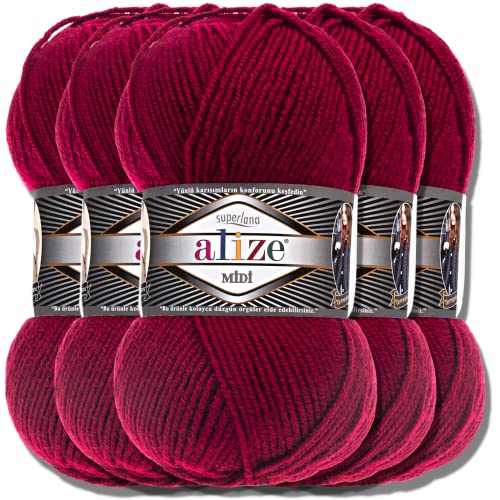 Alize 5 x 100g Superlana Midi Türkische Premium Wolle Baumwolle und Acryl Uni Handstrickgarne | Yarn | Garn | Strickgarn Einfarbig Baby zum Häkeln Stricken Kleidung Schals (Currant | 390) von Hobby YARN