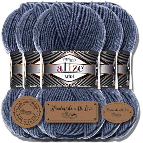 Alize 5 x 100g Superlana Midi Türkische Premium Wolle Baumwolle und Acryl Uni Handstrickgarne | Yarn | Garn | Strickgarn Einfarbig Baby zum Häkeln Stricken Kleidung Schals (Denim Melange | 203) von Hobby YARN