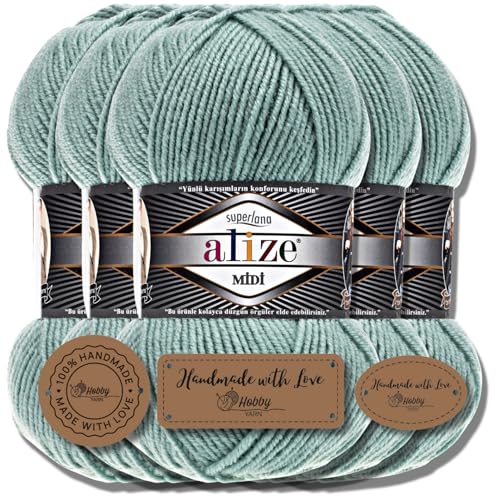 Alize 5 x 100g Superlana Midi Türkische Premium Wolle Baumwolle und Acryl Uni Handstrickgarne | Yarn | Garn | Strickgarn Einfarbig Baby zum Häkeln Stricken Kleidung Schals (Light Aqua | 463) von Hobby YARN