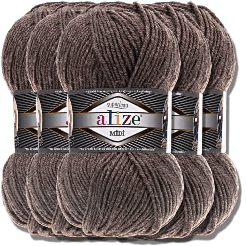 Alize 5 x 100g Superlana Midi Türkische Premium Wolle Baumwolle und Acryl Uni Handstrickgarne | Yarn | Garn | Strickgarn Einfarbig Baby zum Häkeln Stricken Kleidung Schals (Milky Brown Melange |240) von Hobby YARN