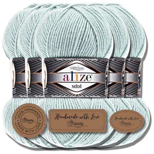 Alize 5 x 100g Superlana Midi Türkische Premium Wolle Baumwolle und Acryl Uni Handstrickgarne | Yarn | Garn | Strickgarn Einfarbig Baby zum Häkeln Stricken Kleidung Schals (Mint | 522) von Hobby YARN