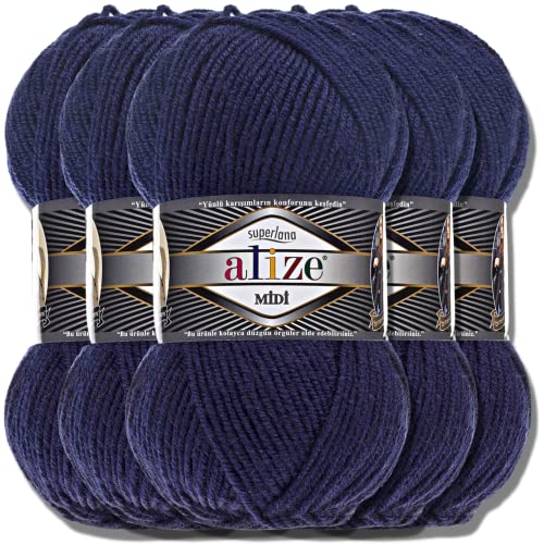 Alize 5 x 100g Superlana Midi Türkische Premium Wolle Baumwolle und Acryl Uni Handstrickgarne | Yarn | Garn | Strickgarn Einfarbig Baby zum Häkeln Stricken Kleidung Schals (Navy | 58) von Hobby YARN