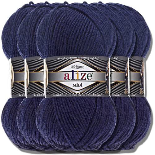 Alize 5 x 100g Superlana Midi Türkische Premium Wolle Baumwolle und Acryl Uni Handstrickgarne | Yarn | Garn | Strickgarn Einfarbig Baby zum Häkeln Stricken Kleidung Schals (Navy | 58) von Hobby YARN