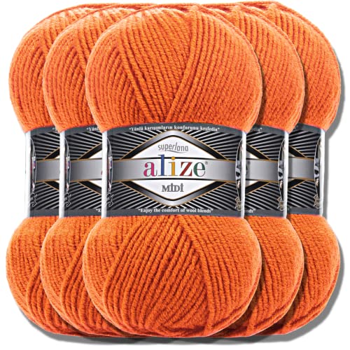 Alize 5 x 100g Superlana Midi Türkische Premium Wolle Baumwolle und Acryl Uni Handstrickgarne | Yarn | Garn | Strickgarn Einfarbig Baby zum Häkeln Stricken Kleidung Schals (Orange | 225) von Hobby YARN