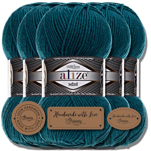 Alize 5 x 100g Superlana Midi Türkische Premium Wolle Baumwolle und Acryl Uni Handstrickgarne | Yarn | Garn | Strickgarn Einfarbig Baby zum Häkeln Stricken Kleidung Schals (Petrol | 212) von Hobby YARN