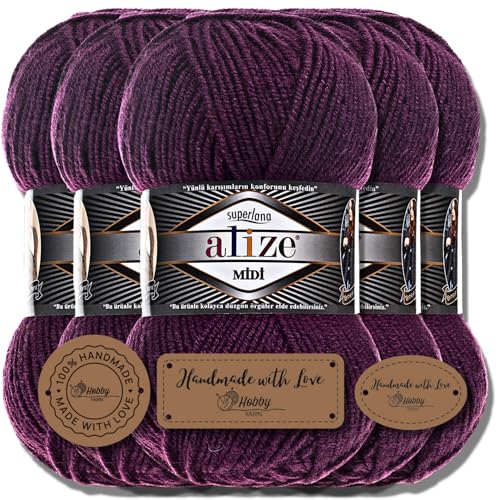 Alize 5 x 100g Superlana Midi Türkische Premium Wolle Baumwolle und Acryl Uni Handstrickgarne | Yarn | Garn | Strickgarn Einfarbig Baby zum Häkeln Stricken Kleidung Schals (Plum | 111) von Hobby YARN