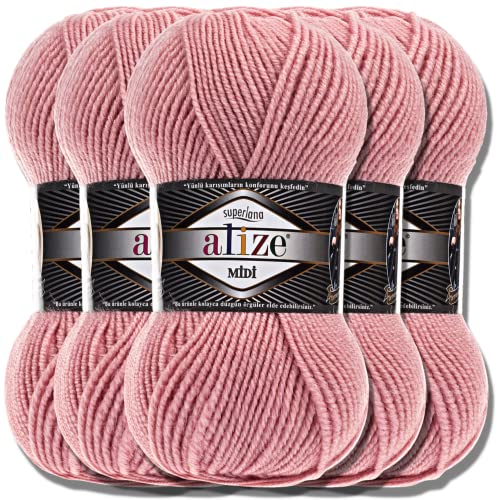 Alize 5 x 100g Superlana Midi Türkische Premium Wolle Baumwolle und Acryl Uni Handstrickgarne | Yarn | Garn | Strickgarn Einfarbig Baby zum Häkeln Stricken Kleidung Schals (Powder | 161) von Hobby YARN