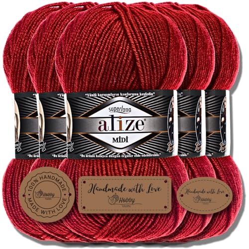 Alize 5 x 100g Superlana Midi Türkische Premium Wolle Baumwolle und Acryl Uni Handstrickgarne | Yarn | Garn | Strickgarn Einfarbig Baby zum Häkeln Stricken Kleidung Schals (Red | 56) von Hobby YARN
