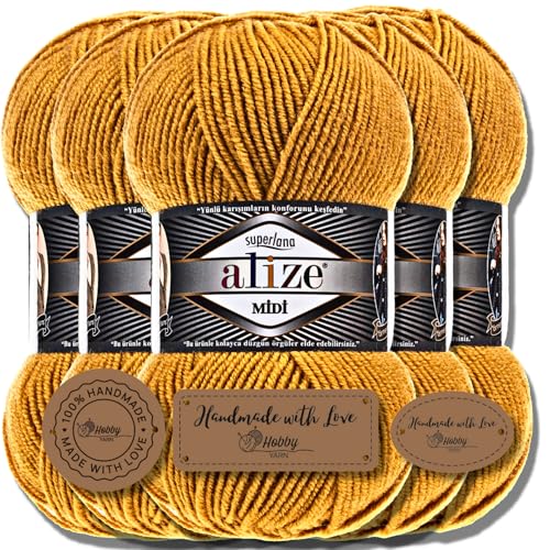 Alize 5 x 100g Superlana Midi Türkische Premium Wolle Baumwolle und Acryl Uni Handstrickgarne | Yarn | Garn | Strickgarn Einfarbig Baby zum Häkeln Stricken Kleidung Schals (Saffron | 2) von Hobby YARN