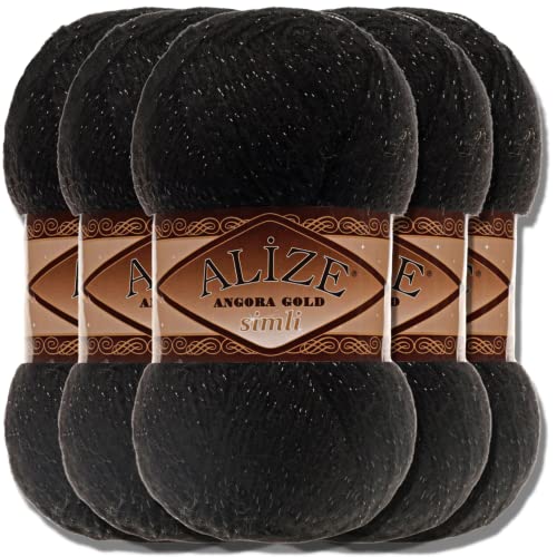 Hobby YARN Alize 5x 100 g Angora Gold Simli Türkische Premium Wolle Mohair aus Schurwolle mit Glitzereffekt Babywolle als Strickgarn Handstrickgarn Angorawolle Uni Yarn (Black | 60) von Hobby YARN