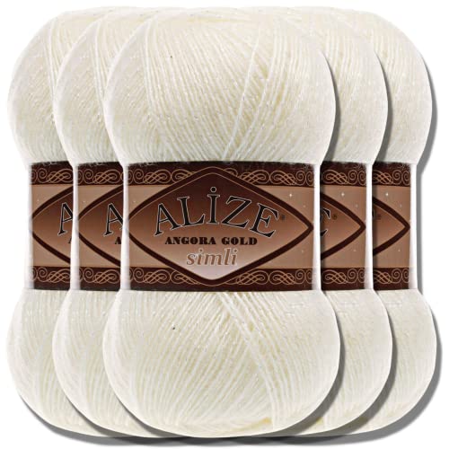 Hobby YARN Alize 5x 100 g Angora Gold Simli Türkische Premium Wolle Mohair aus Schurwolle mit Glitzereffekt Babywolle als Strickgarn Handstrickgarn Angorawolle Uni Yarn (Cream | 1) von Hobby YARN
