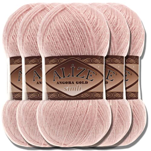 Hobby YARN Alize 5x 100 g Angora Gold Simli Türkische Premium Wolle Mohair aus Schurwolle mit Glitzereffekt Babywolle als Strickgarn Handstrickgarn Angorawolle Uni Yarn (Powder | 161) von Hobby YARN